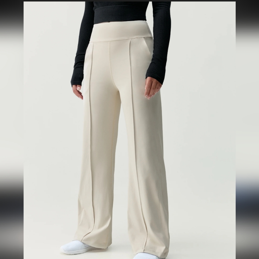 Ebb & Flow Athleisure High-Rise Flare Ponte Side Slit Pants in Beige Size Medium
